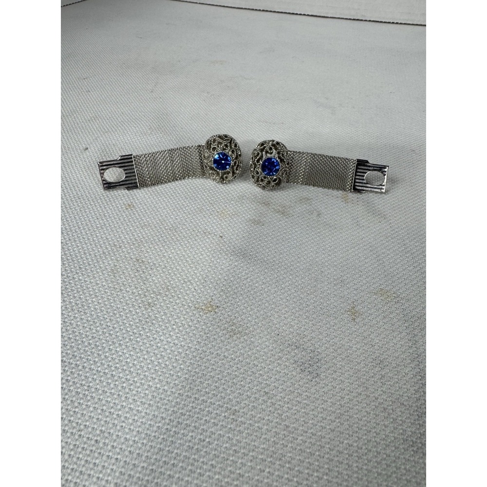 Vintage Silver Tone Mesh Bracelet Blue Rhinestone Oval Filigree Clasp